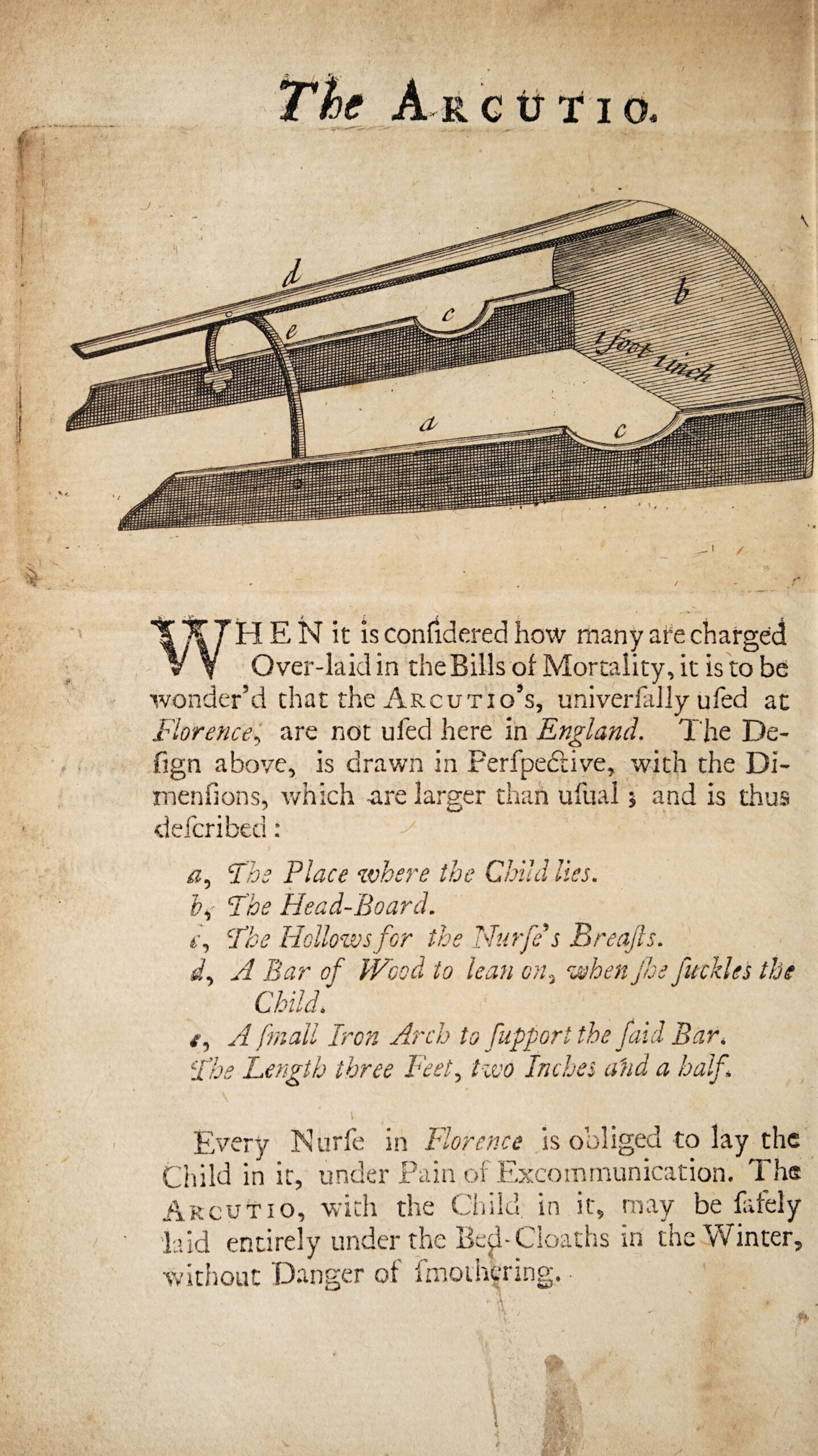 Gravure du XVIIIe siècle représentant l'arcuccio, armature de bois protégeant un nourrisson dans le lit parental